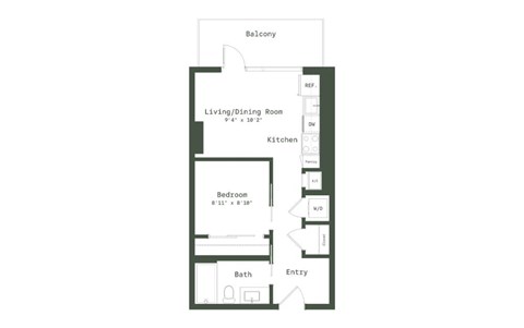 Floor plan for 1 bed, 1 bath, 504 sqft
